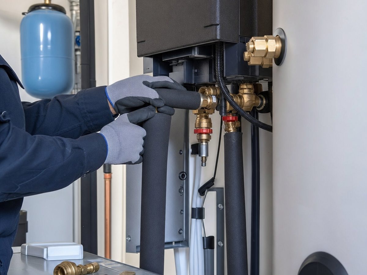Installateur de pompe à chaleur air/eau au travail